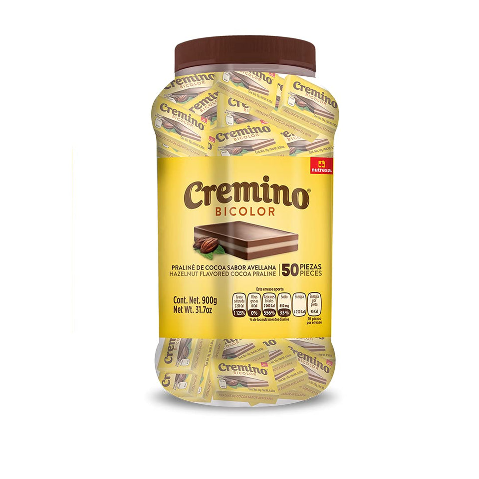 Cremino bicolor chocolate jar close-up, ideal for sharing at gatherings.
