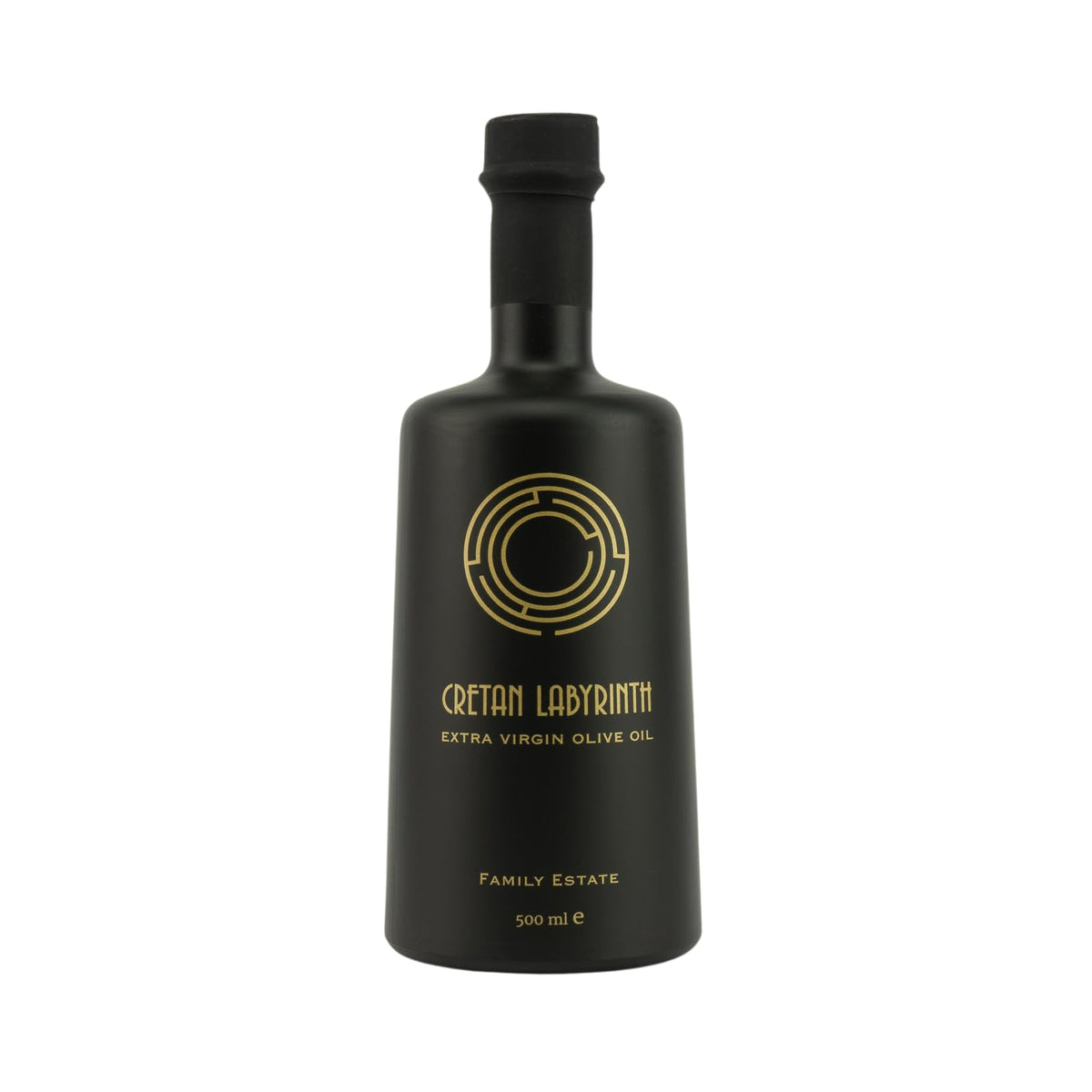 CRETAN LABYRINTH Family Estate bottle front showcasing Koroneiki EVOO with high phenolic content.