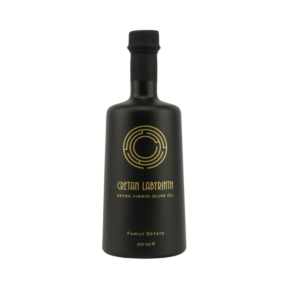 CRETAN LABYRINTH Family Estate bottle front showcasing Koroneiki EVOO with high phenolic content.
