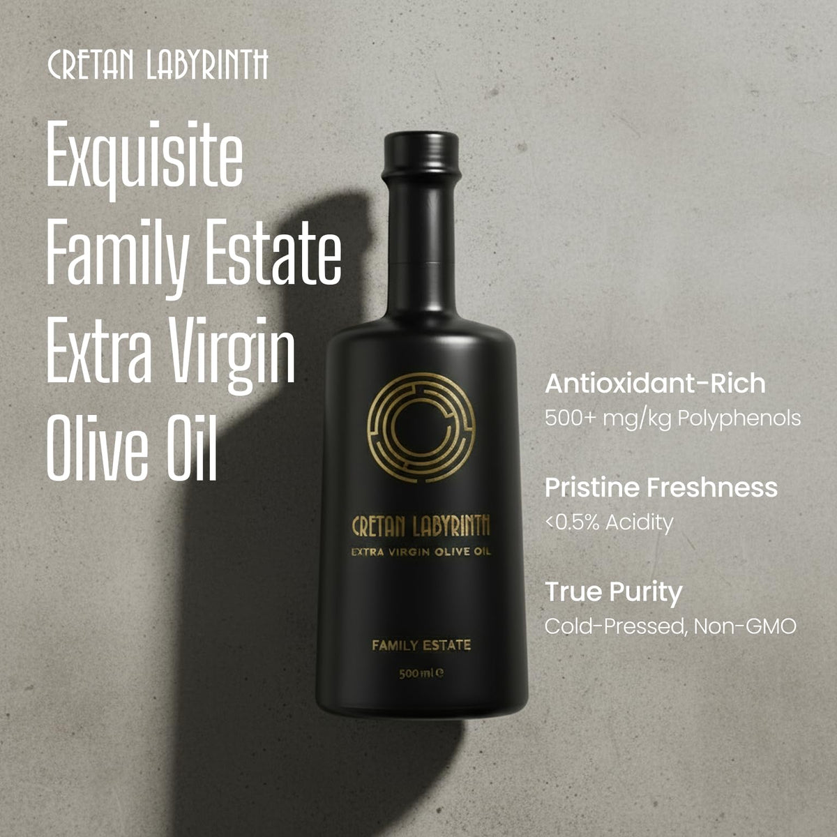 CRETAN LABYRINTH label close-up with lab certificate and eco-friendly packaging.