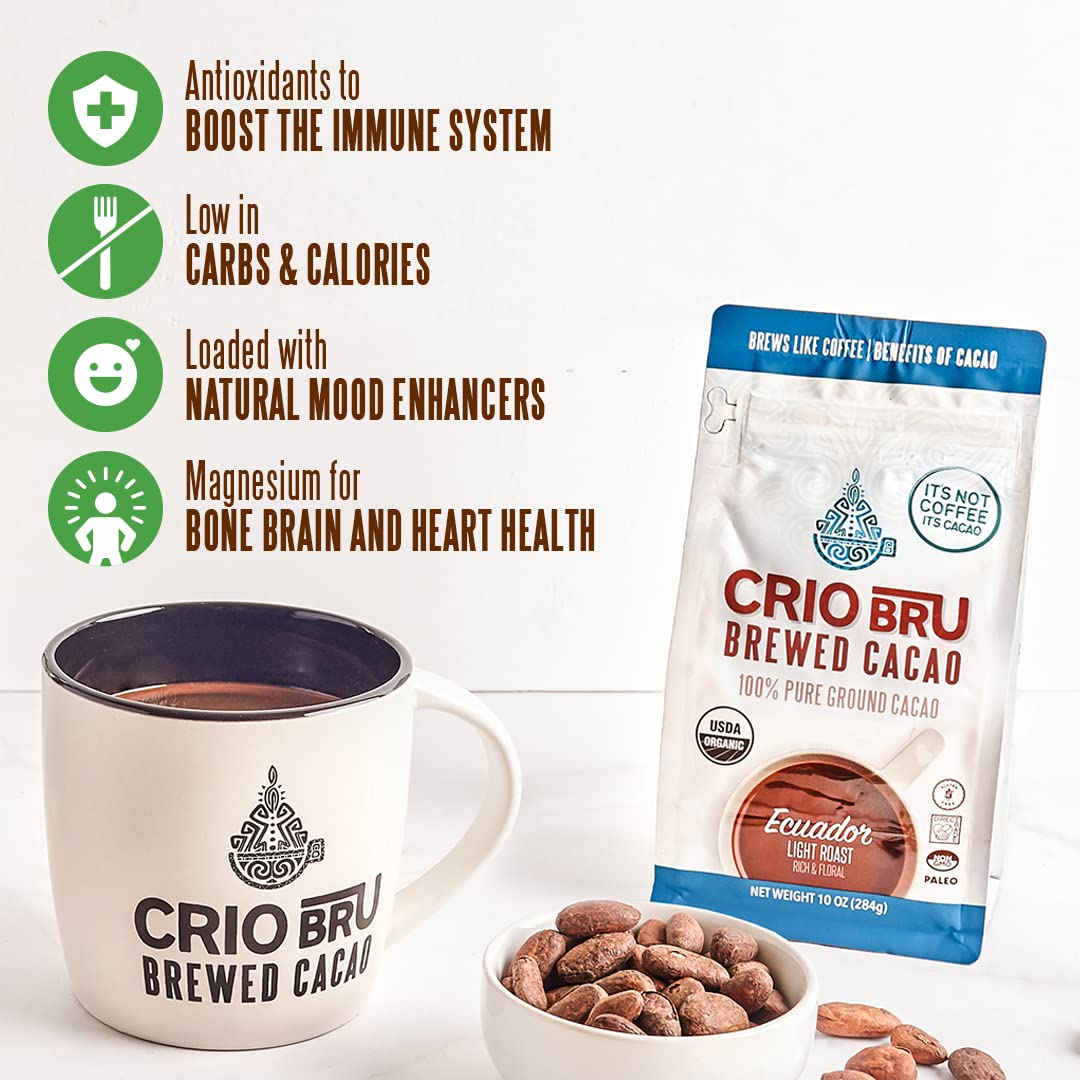 Crio Bru aroma drifting from a steaming cup of cacao coffee alternative.