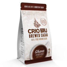 Crio Bru brewed cacao Ghana French Roast bag front view, bold roast-forward cup.