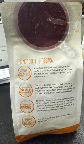 Crio Bru Brewed Cacao cup side view, smooth chocolate notes.