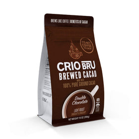 Crio Bru Brewed Cacao Double Chocolate Light Roast front label highlights premium aroma.