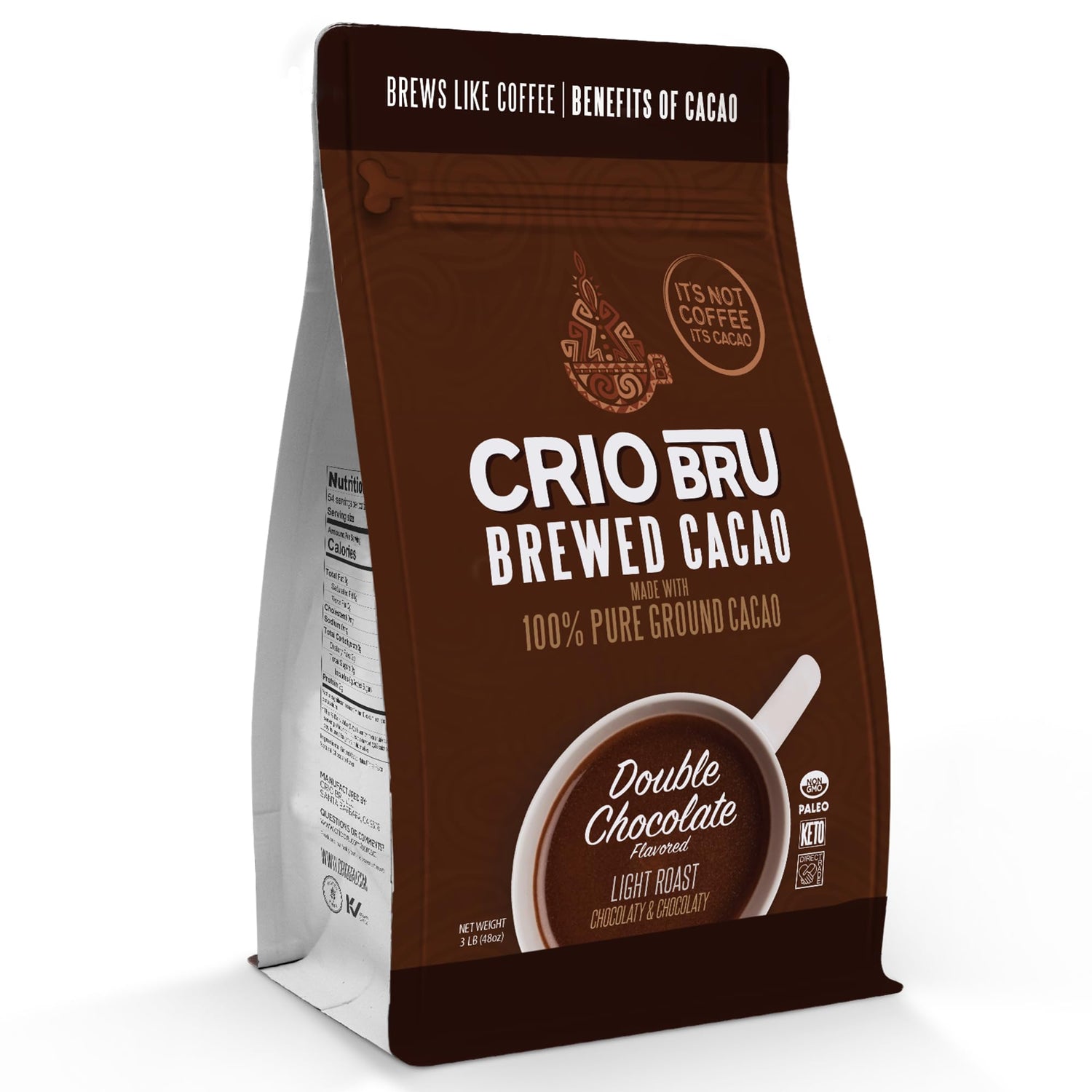 Crio Bru Brewed Cacao Double Chocolate Light Roast jar shows rich aroma and chocolate flavor.