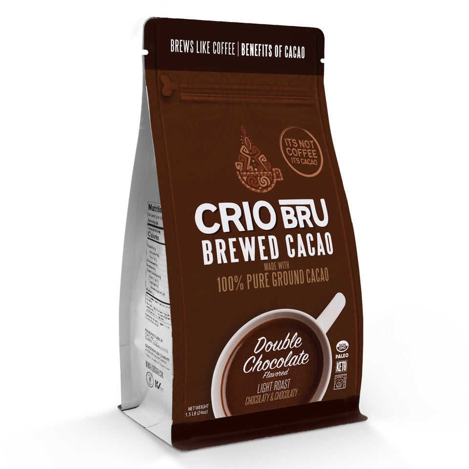 Crio Bru brewed cacao double chocolate pack highlights a chocolatey coffee substitute