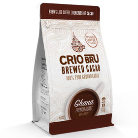Crio Bru Brewed Cacao Ghana French Roast package shows bold, earth-toned packaging for a coffee alternative