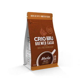 Crio Bru Brewed Cacao Mocha bottle shows mocha-flavored cacao as a coffee alternative.