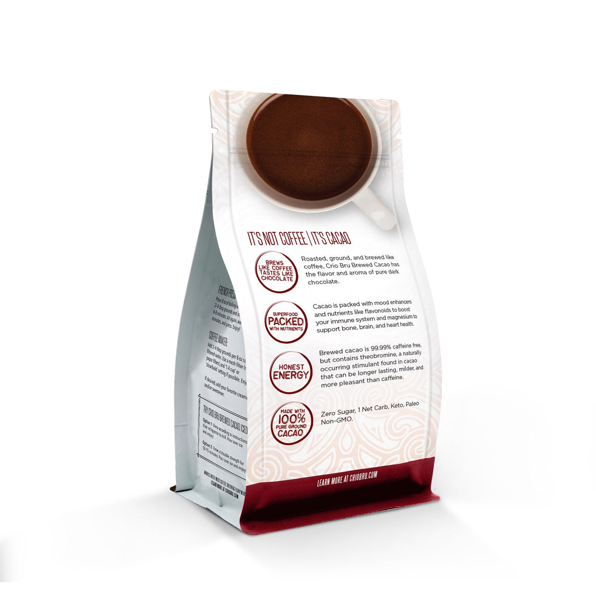 Crio Bru ground cacao close-up emphasizes deep roast and rich chocolate aroma.