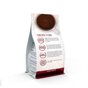 Crio Bru ground cacao close-up emphasizes deep roast and rich chocolate aroma.