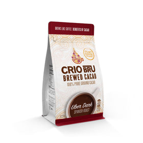 Crio Bru Brewed Cacao Uber Dark Spanish Roast packaging highlights premium cacao quality and aroma.
