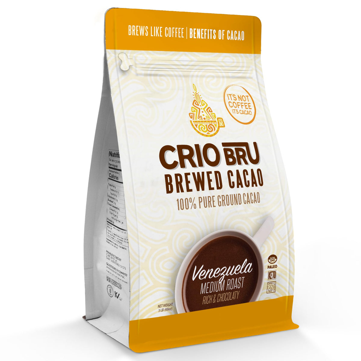 Crio Bru Brewed Cacao Venezuela medium roast pack enhances at-home chocolate aroma.