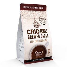 Crio Bru Ghana French Roast package ready to brew cacao coffee substitute with rich aroma.