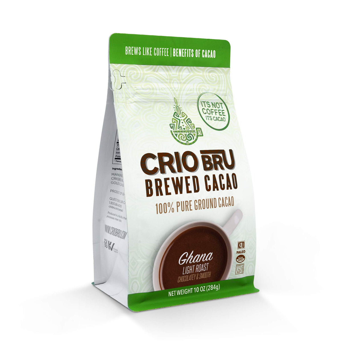 Crio Bru Ghana Light Roast cup with steam shows a chocolatey aroma and caffeine-free option