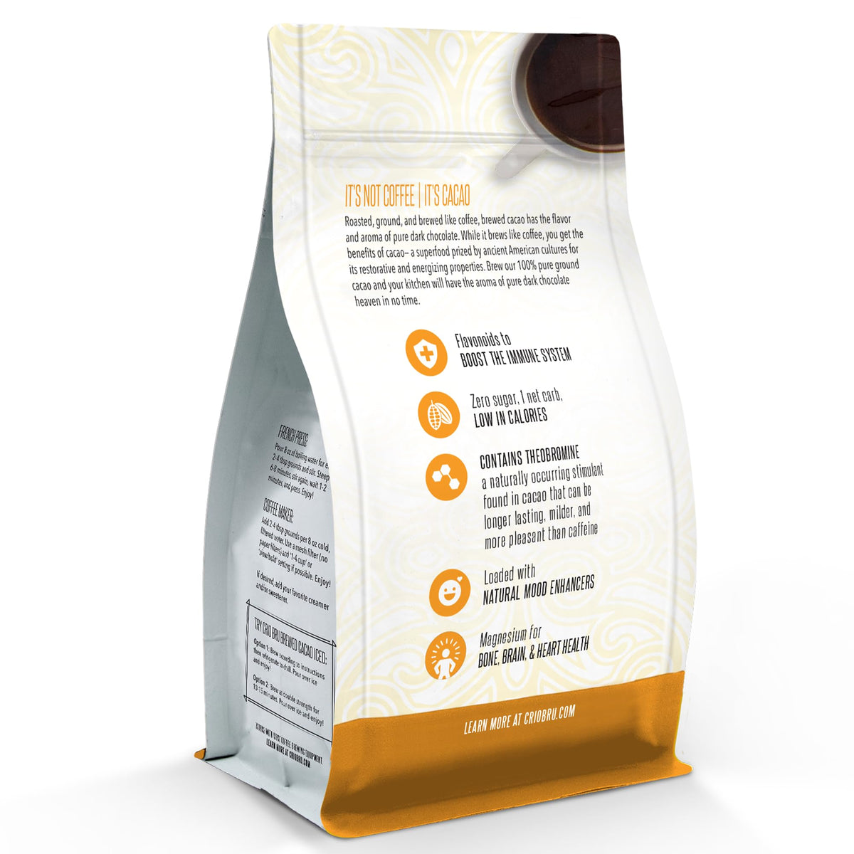 Crio Bru ground cacao for brewing captures rich chocolate flavor.
