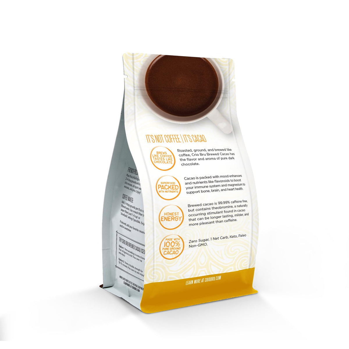 Crio Bru ground cacao powder closeup highlighting a versatile cacao beverage.