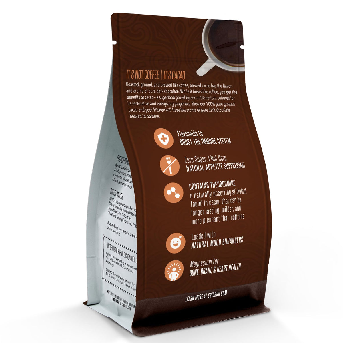 Crio Bru ground cacao powder ready for coffee-like brew with chocolate aroma.