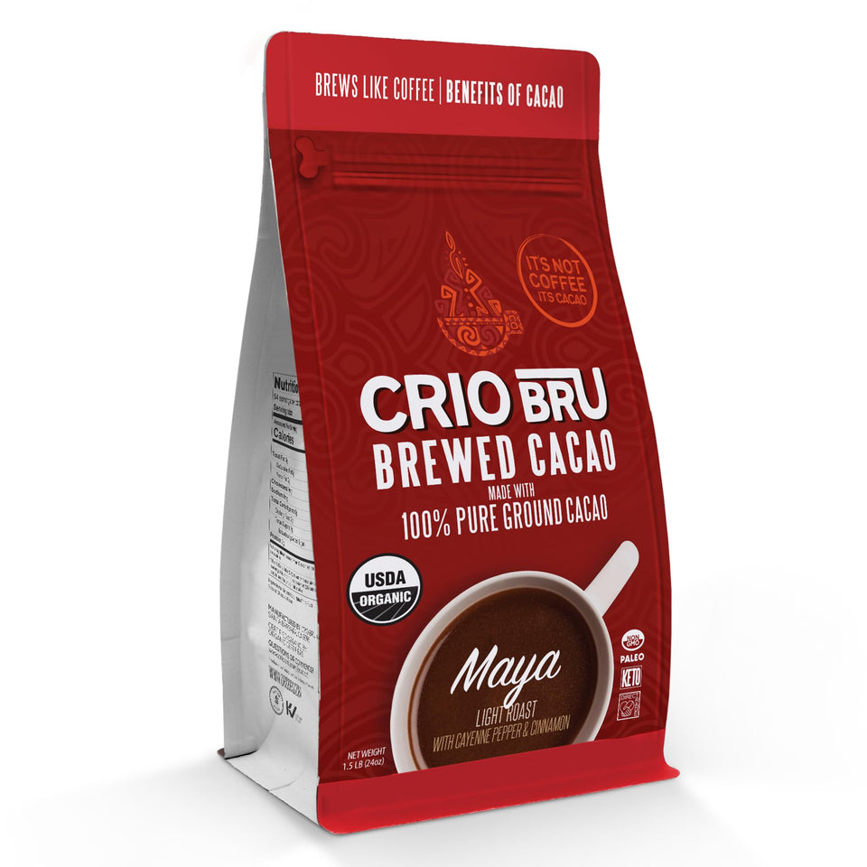 Crio Bru Maya Light Roast cacao in a bag ready to grind for a chocolate aroma.