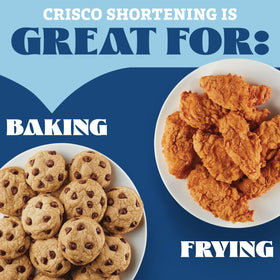 Crisco All-Vegetable Shortening shown with a flaky pie crust texture.