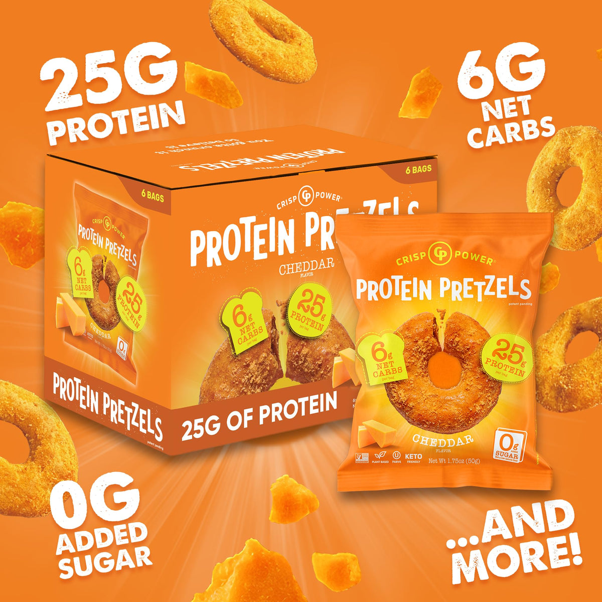 CRISP POWER cheddar-flavor pretzels box highlights savory crunch and low net carbs.
