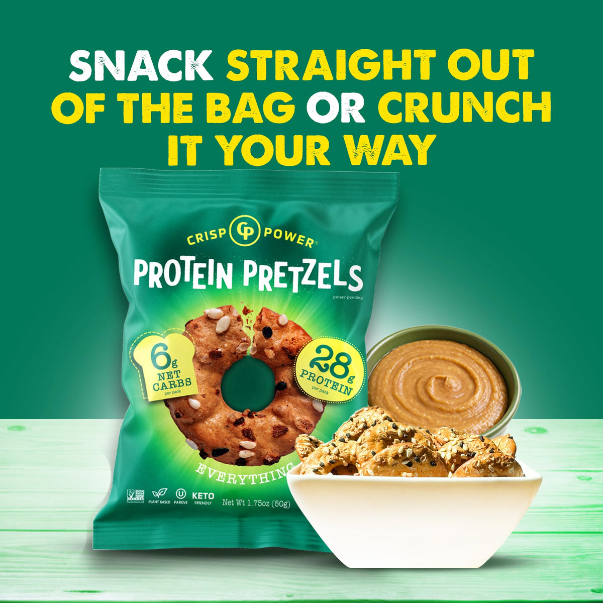 CRISP POWER Protein Pretzels 24-pack display for value and convenience