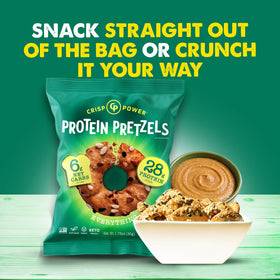 CRISP POWER Protein Pretzels 24-pack display for value and convenience