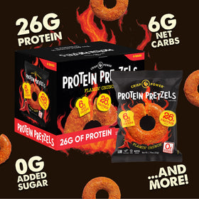 CRISP POWER Protein Pretzels 6-pack display for convenient snacking.