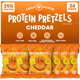 CRISP POWER Protein Pretzels bag displays bold cheddar crunch and 25g protein per serving.