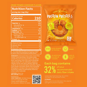 CRISP POWER Protein Pretzels cheddar close-up shows crunchy texture for satisfying bites.