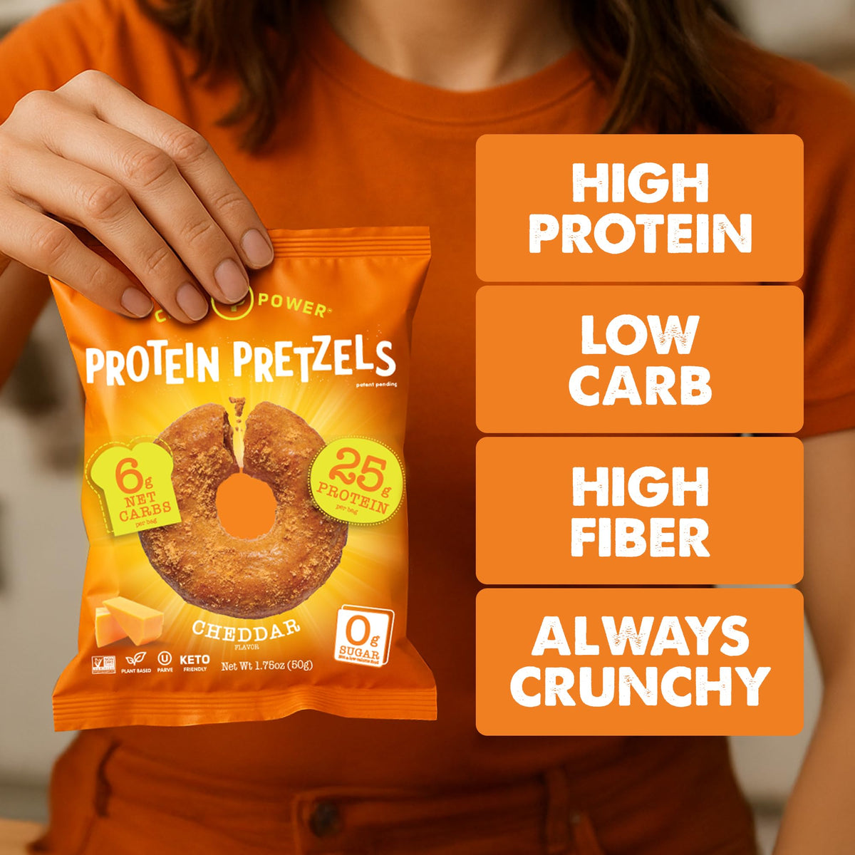 CRISP POWER Protein Pretzels cheddar nutrition panel communicates protein and carbs at a glance.