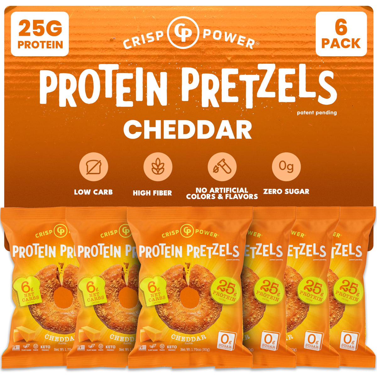 CRISP POWER Protein Pretzels cheddar packaging highlighting a high-protein snack.