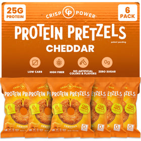 CRISP POWER Protein Pretzels cheddar packaging highlighting a high-protein snack.
