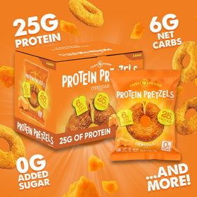 CRISP POWER Protein Pretzels cheddar serving bowl illustrates portion-friendly snacking.