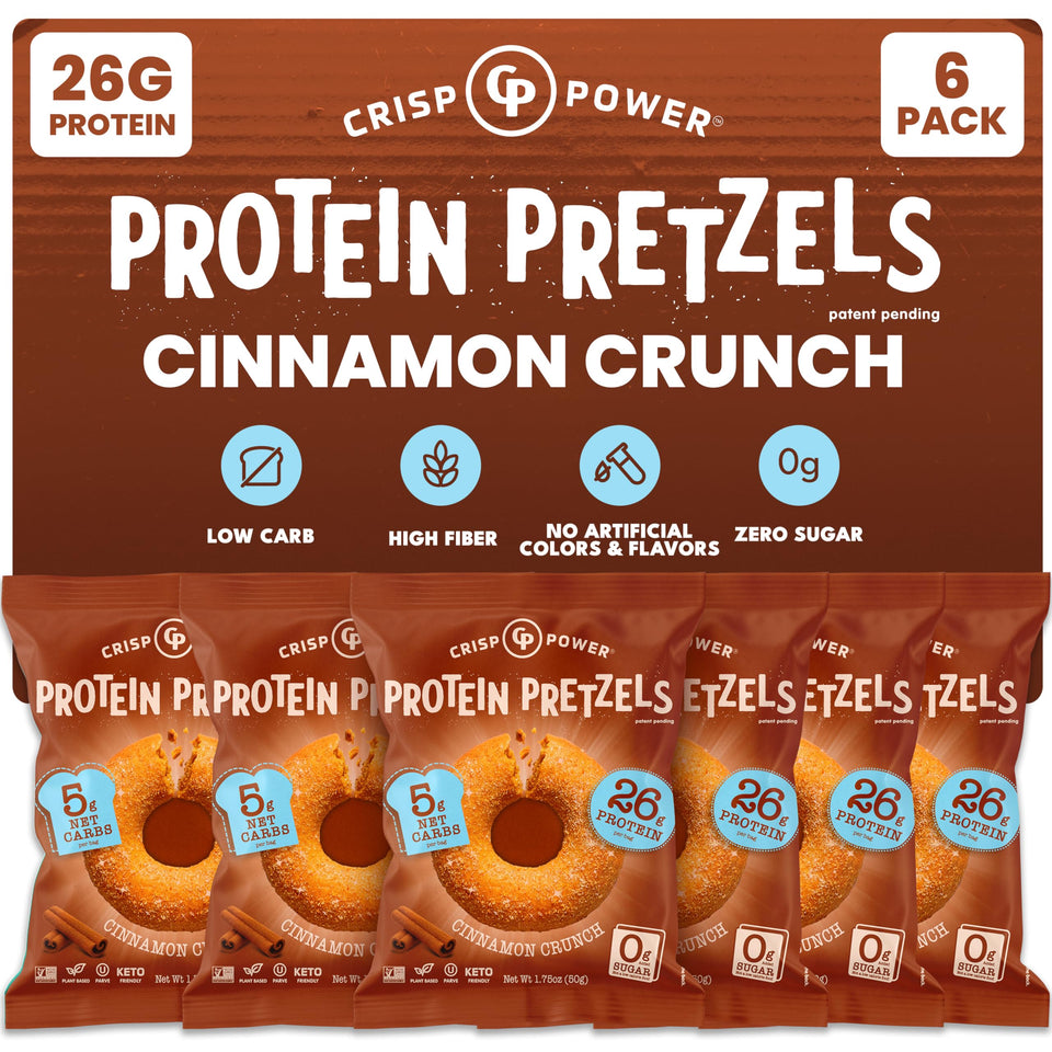 CRISP POWER Cinnamon Crunch protein pretzels pack shot highlights high protein and low carbs