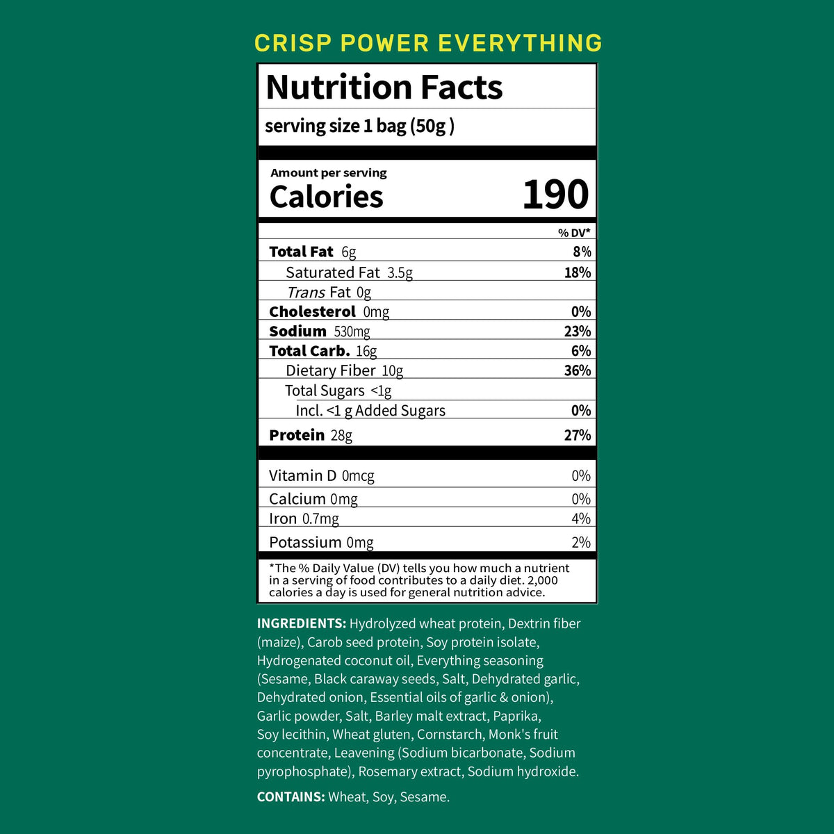 CRISP POWER Protein Pretzels Everything nutrition facts highlight high protein and fiber benefits.