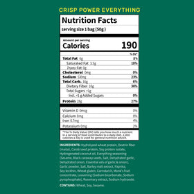 CRISP POWER Protein Pretzels Everything nutrition facts highlight high protein and fiber benefits.