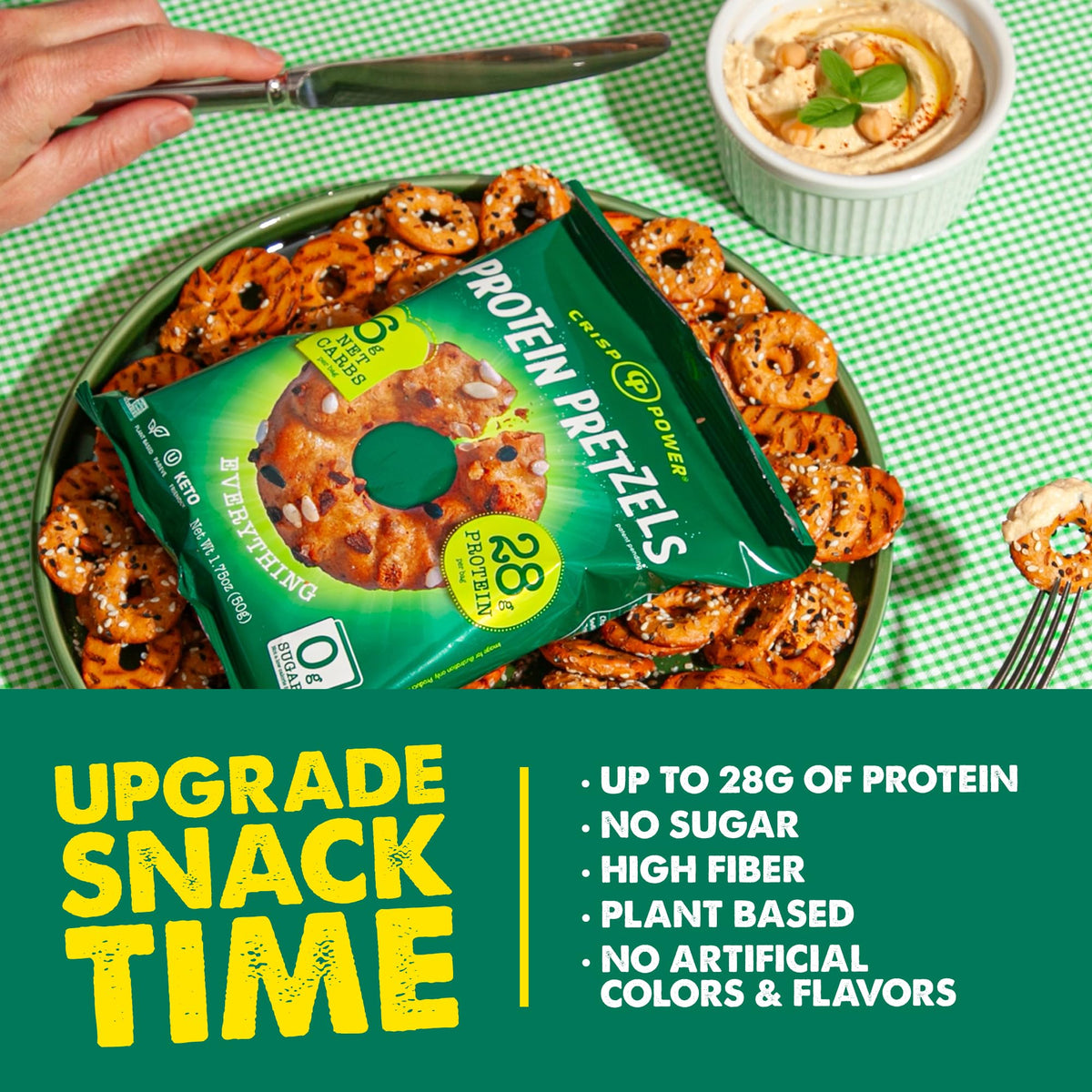 CRISP POWER Protein Pretzels One-point-seven-five-oz bag showcases convenient portion control.