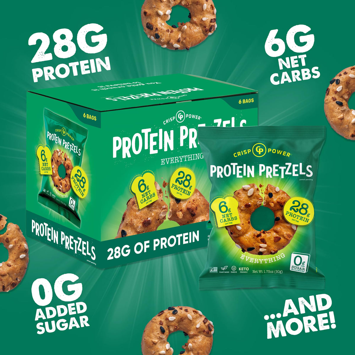 CRISP POWER Protein Pretzels Everything texture emphasizes ultracrunchy bite without grease.