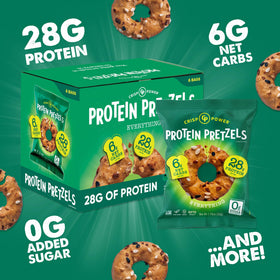 CRISP POWER Protein Pretzels Everything texture emphasizes ultracrunchy bite without grease.