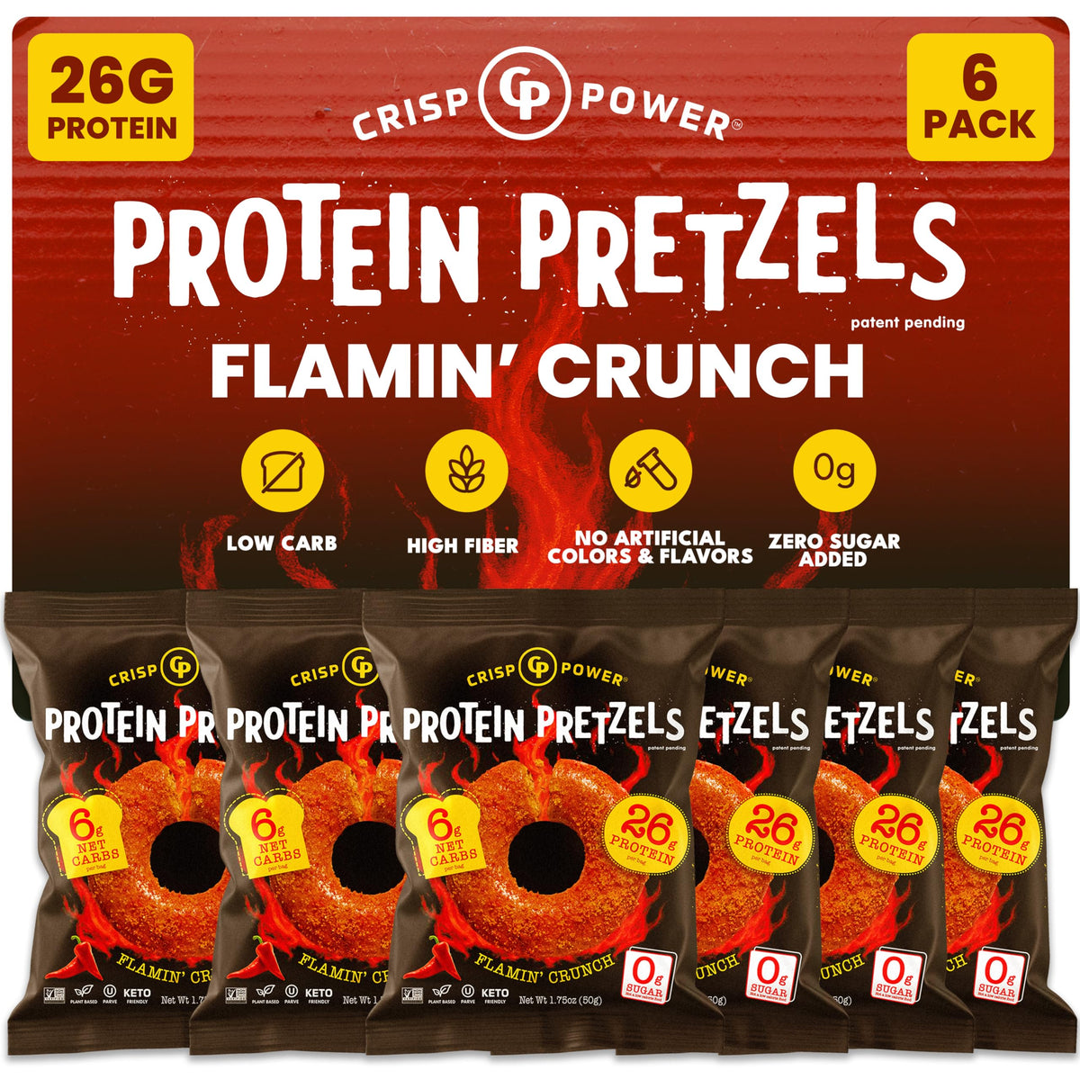 CRISP POWER Protein Pretzels Flamin' Crunch front view, protein-packed on-the-go snack.