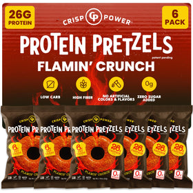 CRISP POWER Protein Pretzels Flamin' Crunch front view, protein-packed on-the-go snack.