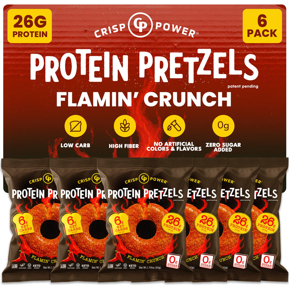 CRISP POWER Protein Pretzels Flamin' Crunch front view, protein-packed on-the-go snack.