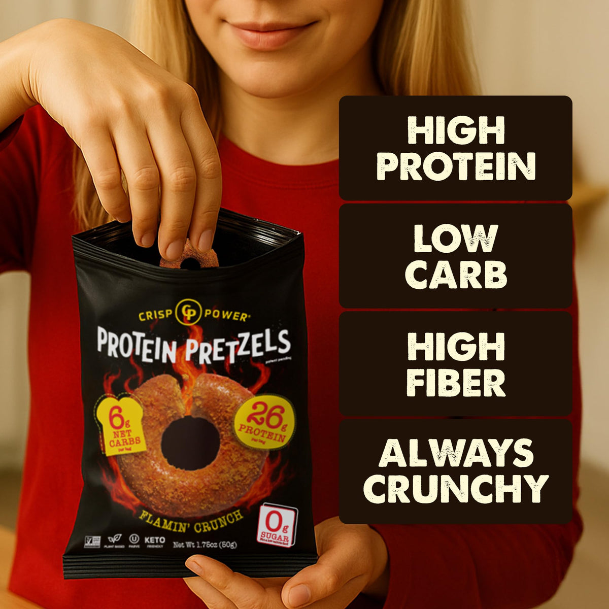CRISP POWER Protein Pretzels nutrition panel view with 25g protein and low net carbs.
