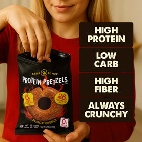 CRISP POWER Protein Pretzels nutrition panel view with 25g protein and low net carbs.