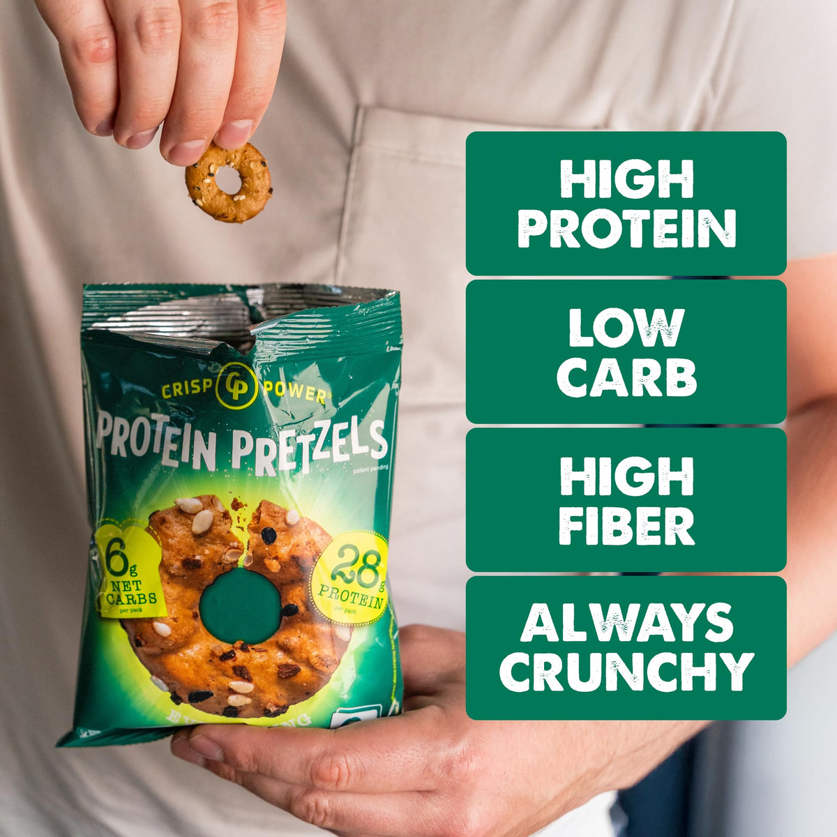 CRISP POWER Protein Pretzels oven-baked crispy texture detail