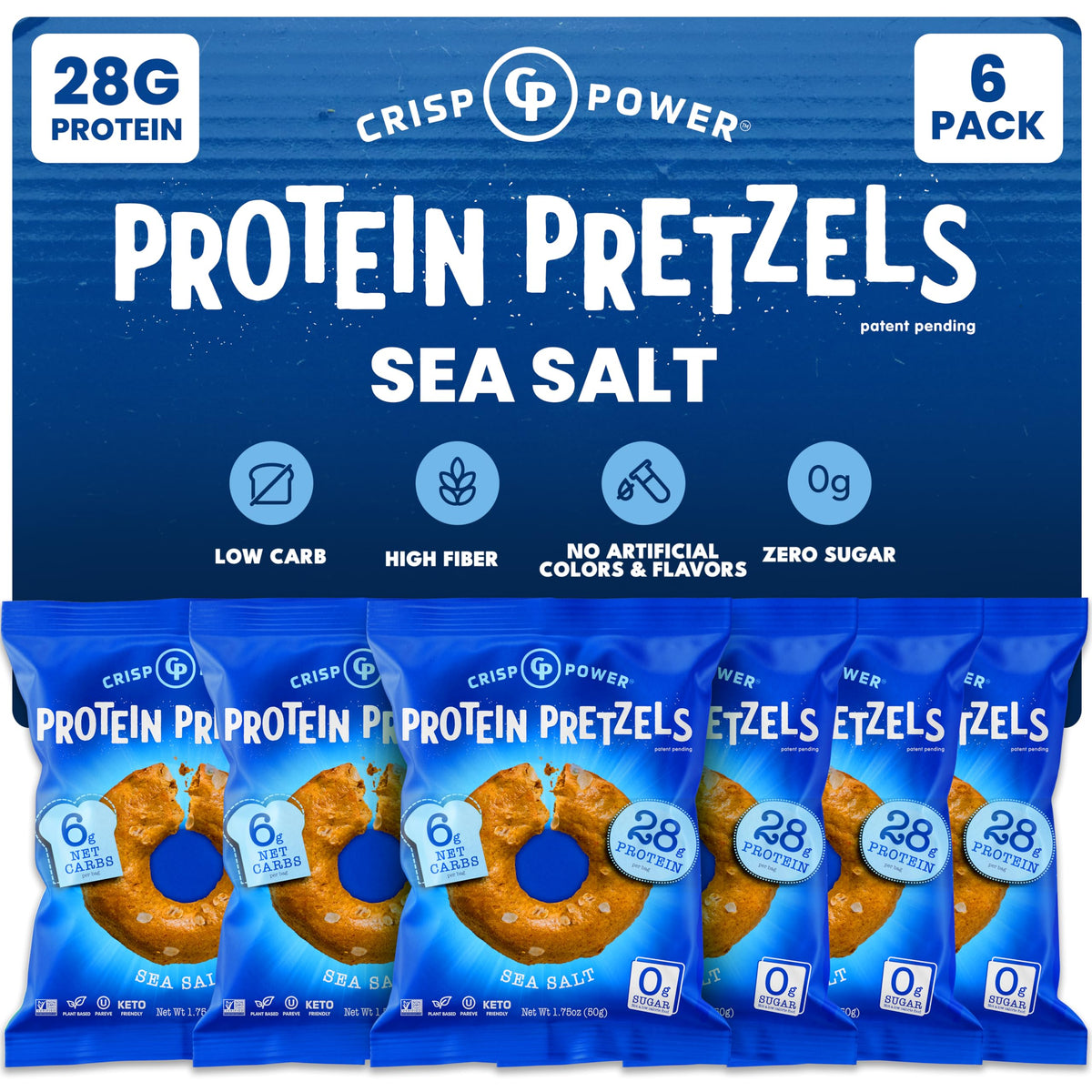 CRISP POWER Protein Pretzels sea salt pack front, high-protein snack option