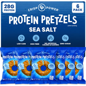CRISP POWER Protein Pretzels sea salt pack front, high-protein snack option