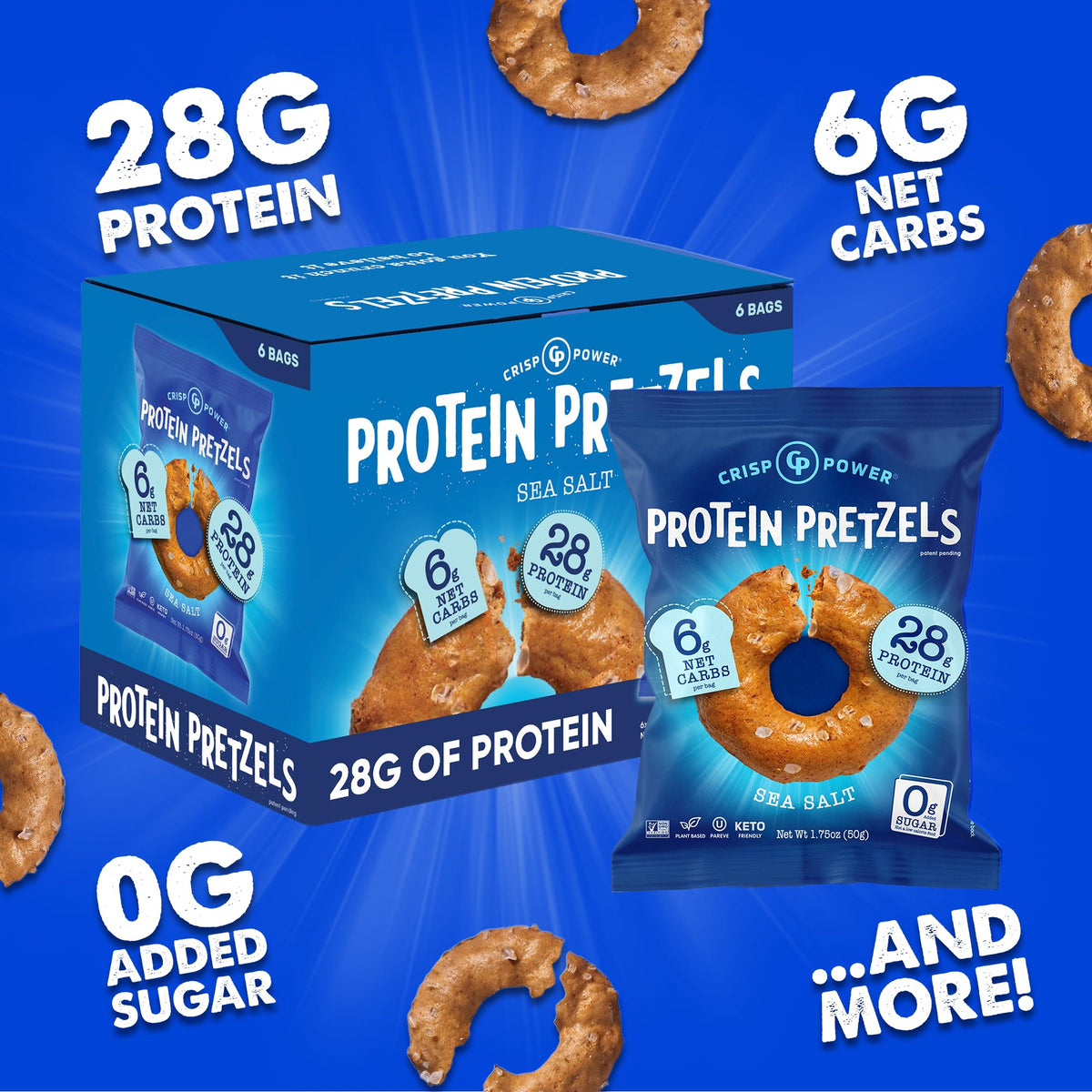 CRISP POWER Protein Pretzels served in a bowl, inviting sea salt pretzel crunch