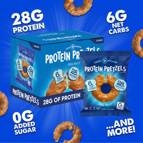 CRISP POWER Protein Pretzels served in a bowl, inviting sea salt pretzel crunch