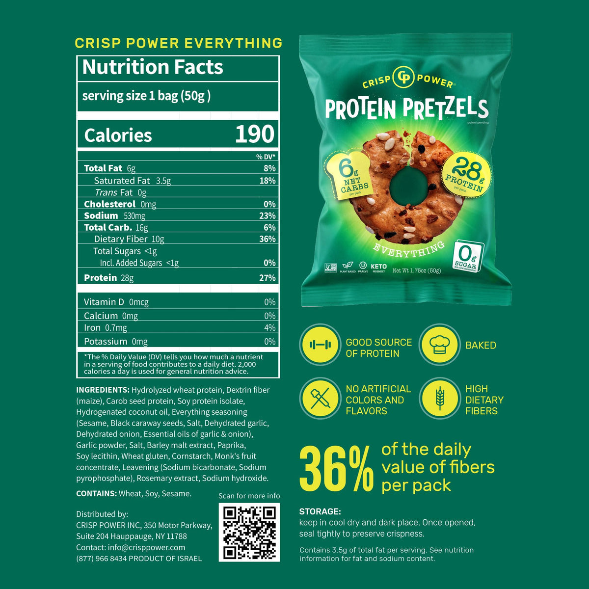 CRISP POWER protein pretzels sesame bag highlights savory crunch and added protein boost